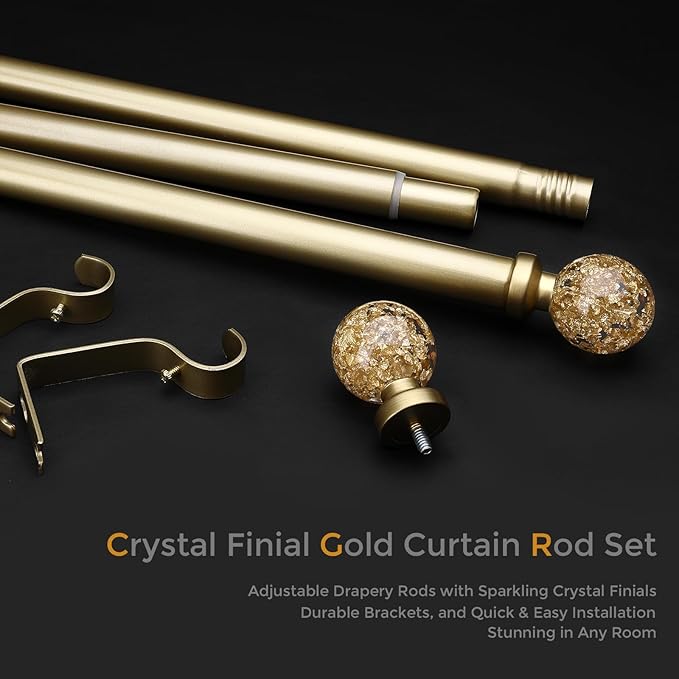 Gold Curtain Rods for Windows 66 to 120 Inch, 1'' Heavy Duty Adjustable Drapery Rod with Unique Crystal Ball Finials, Modern Decorative Curtain Rod,Size; 30-120''