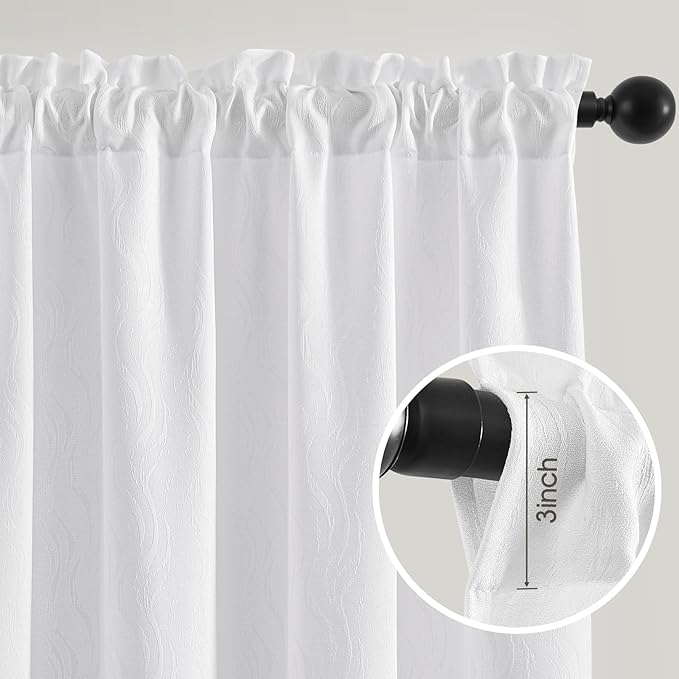HOMEIDEAS White Semi Sheer Curtains 63 Inches Long, Light Filtering Privacy Sheer Non-See-Through Curtains Wave Jacquard Drapes for Living Room Modern Farmhouse Bedroom Decor, 52 X 63 Inch, 2 Panels