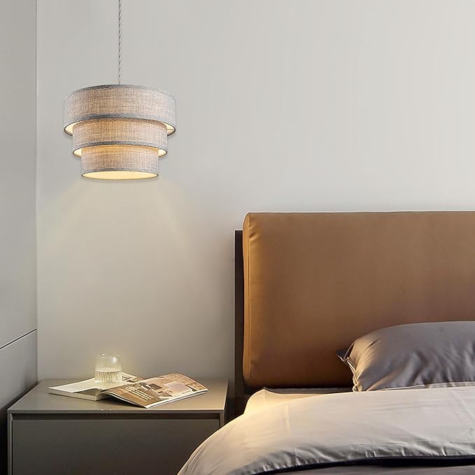 Plug in Pendant Light, Hanging Lamp with Dimmable Switch, Hanging Light Fixtures with 15 Ft Cord, Swag Light with Grey Fabric Shade for Bedroom, Kitchen, Living Room, Dining Table