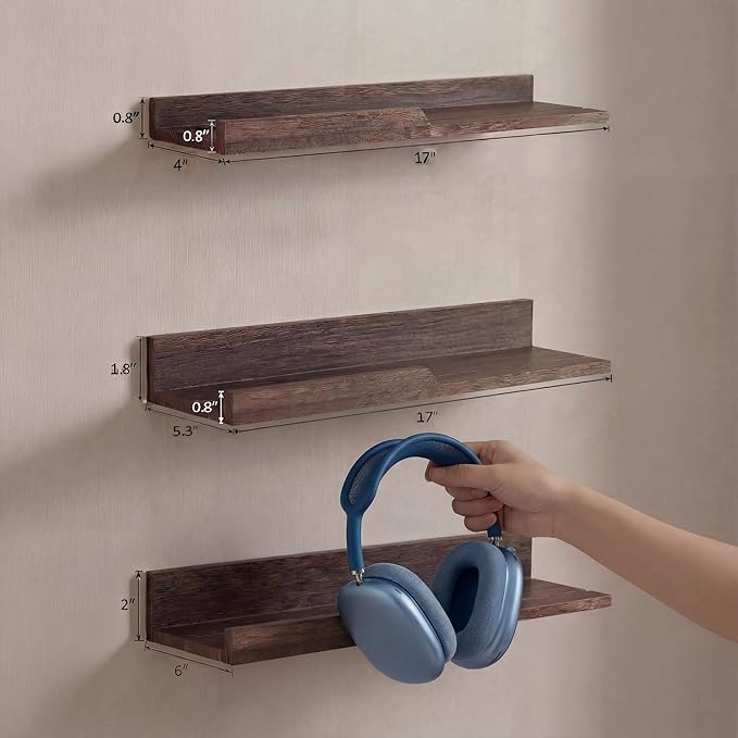 Rebee Vision Rustic Floating Shelves Set of 3 : Farmhouse Wood Bathroom Decor Wall Mounted for Display Storage and Small Hanging Shelf for Bedroom, Laundry Room, Kitchen, Office (Carbonized Brown)