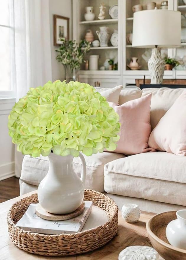 Hollyone 6 Pcs Green Hydrangea Artificial Flowers Heads with Stems Silk Faux Hydrangea Green Fake Flowers for Home Indoor Outdoor DIY Floral Wedding Flower Bouquets Kitchen Table Centerpiece Decor