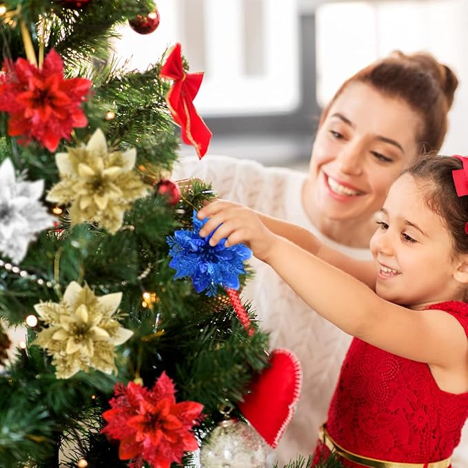 Christmas Poinsettia Artificial Flowers Decorations 5.5" Christmas Tree Wreaths Garland Decoration 12 Pcs Glitter Flowers Picks Decor for Xmas New Year Wedding Party Ornaments (White)