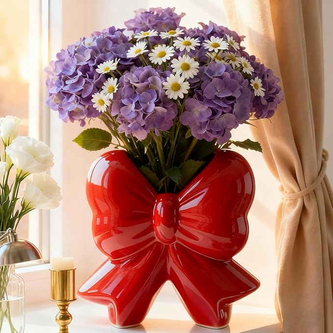 Bow Vase Red Ceramic Vase Minimalist Farmhouse Flowers Tulip Pampas Grass Flower Modern Home Bow Decor Cute Decorative for Table Bathroom Shelf