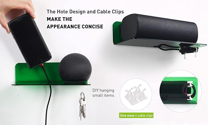 OAPRIRE Wall Mount Shelves Set of 2 for Bedroom, Bathroom, Kids Room & More - Drill Free Acrylic Shelf with Cable Clips, Waterproof Strong Adhesive, Easy to Install (Emerald)