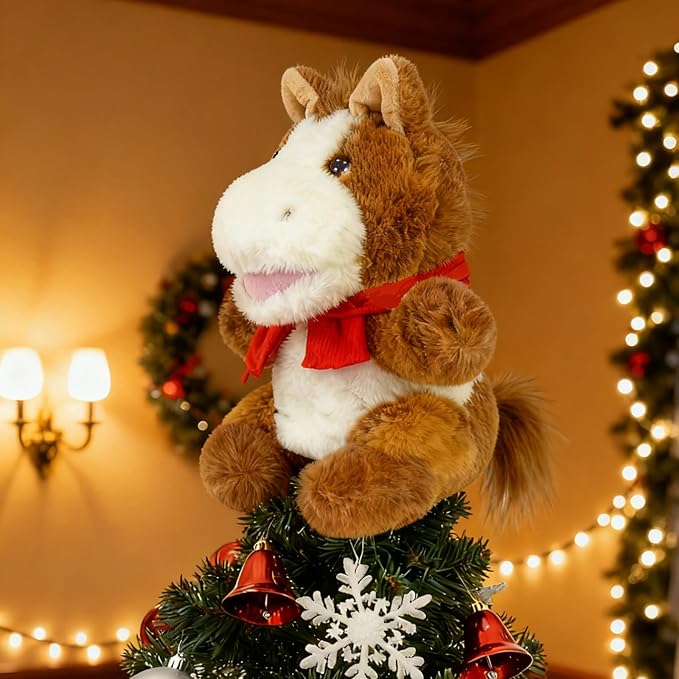 Horse Christmas Tree Topper with Red Scarf, 10in Winter Small Plush Horse Tree Topper Decor for Horse Themed Party Farm Party Home Xmas Christmas Indoor/Outdoor Tree Top Decoration, Horse Lover Gift