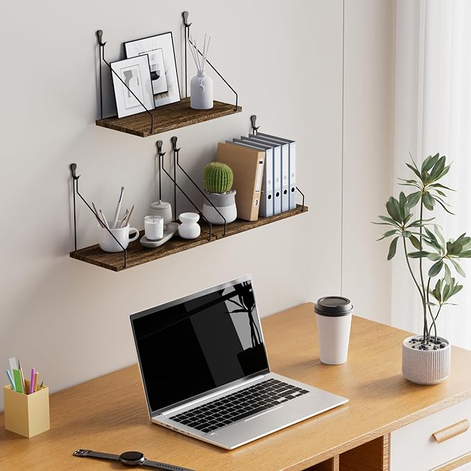 Elevate Your Space with Rustic Wood Floating Shelves Set of 3- Perfect for Bedroom, Living Room, Bathroom, and Kitchen Decor - Easy Installation, No Drilling Needed! Brown