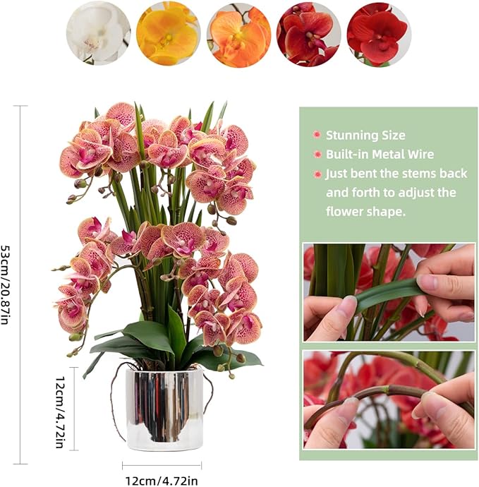 CXGS Artificial Orchid Flower Plants Real Touch Faux Orchids in Ceramic Vase 20.9'' Purple Dapple Phalaenopsis Orchid Fake Flower Arrangement Home Indoor Decor