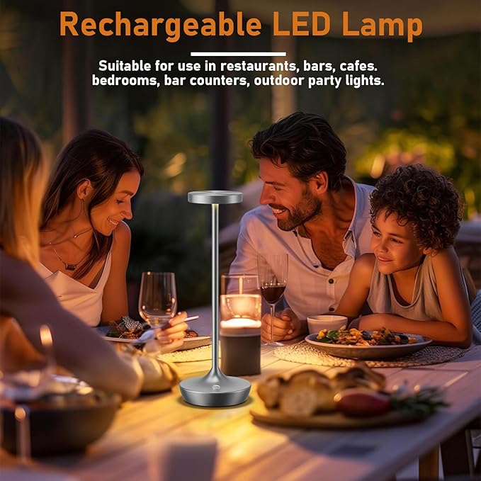 2 Pack LED Cordless Table Lamp Rechargeable，Outdoor Battery Operated Desk Lamp Touch 3 Color Dimming Portable Waterproof Night Light for Patio/Restaurant/Dining/Home (Chrome)
