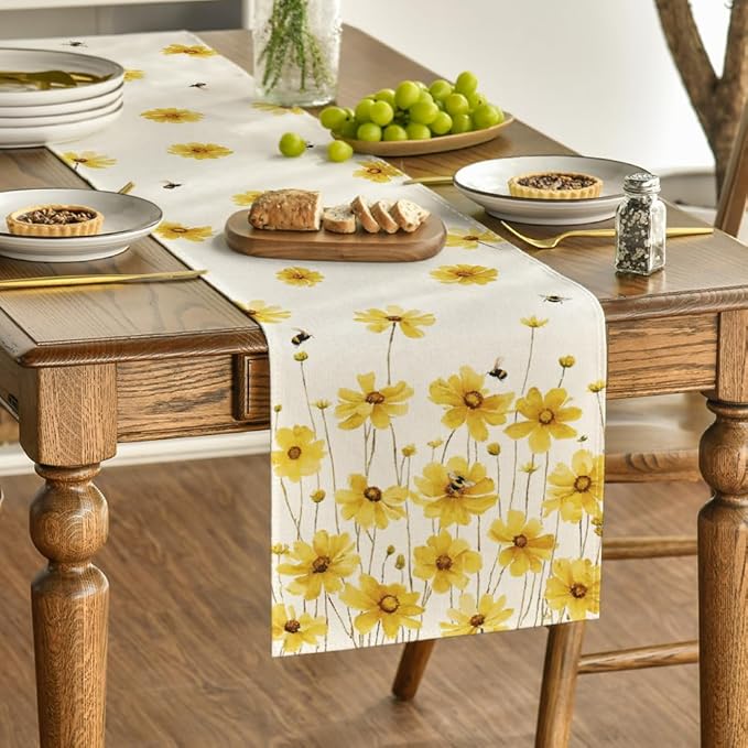 Artoid Mode Yellow Flowers Daisy Bees Summer Table Runner, Seasonal Easter Fall Holiday Kitchen Dining Table Decoration for Home Party Indoor 13x108 Inch