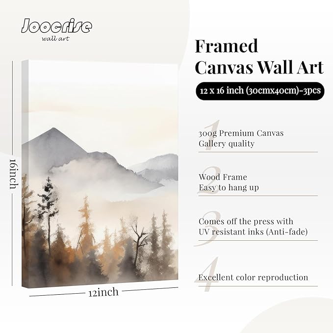 Neutral Mountain Wall Art Decor Set of 3 Forest Canvas Wall Art Poster Landscape Wall Art Artwork Modern Pictures Abstract Painting Watercolor Prints for Living Room Bedroom 12x16 Inch Wrapped Canvas