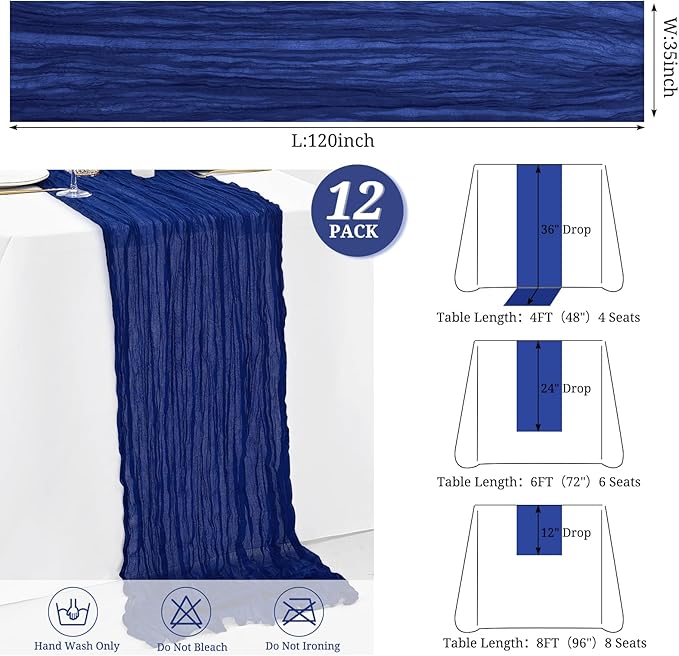 12 Pack Royal Blue Cheesecloth Table Runner,10FT Gauze Boho Long Cheesecloth Table Runner 35x120inch Rustic Table Runners for Wedding Party Bridal Shower Banquet Easter Table Decorations