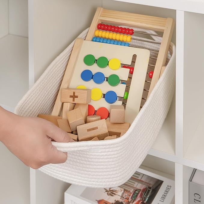 CubesLand Woven Cotton Rope Basket for Laundry, Book, Nursery, Clothes, Shoes, Toys Organizing and Bedroom Home&Living Room Decor, with Durable Handle, Rectangular 14x10x7.08IN White