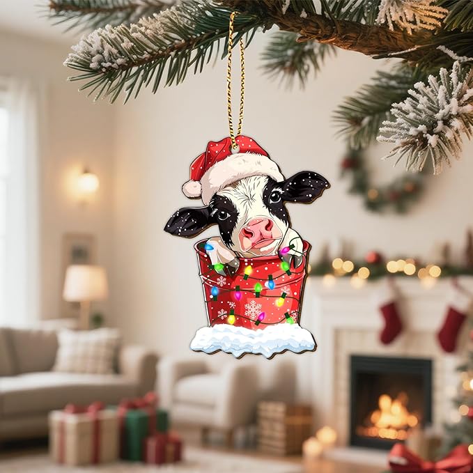 34HD Cow Christmas Ornament 2025 – Wooden Hanging Xmas Tree Ornament Decoration, Cute Christmas Keepsake Gift and Home Decor for Cow Lovers and Farm Fans, Dairy Cow in Bucket