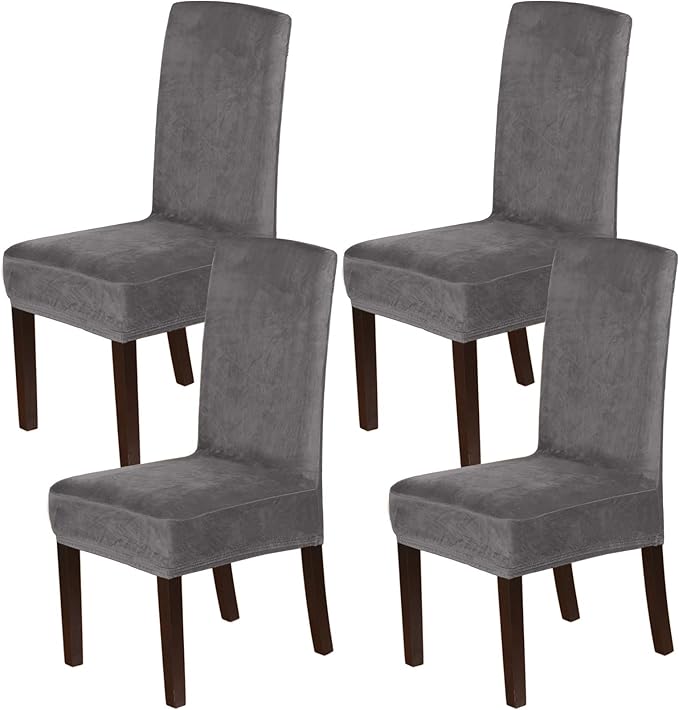 H.VERSAILTEX Velvet Dining Chair Covers Stretch Chair Covers for Dining Room Set of 4 Parson Chair Slipcovers Chair Protectors Covers Dining, Soft Thick Solid Velvet Fabric Washable, Grey