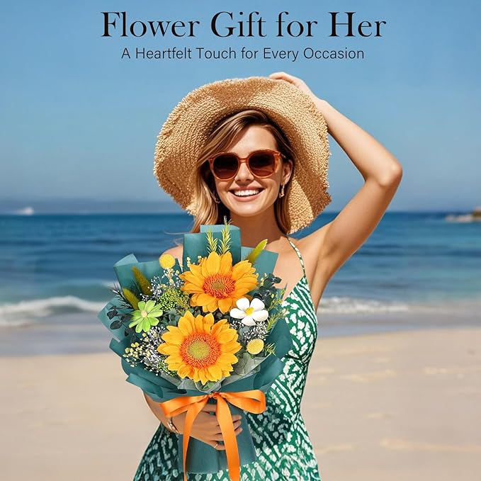 Preserved Sunflower Bouquet - Forever Flowers for Delivery, Green Flower That Last 3 Years, Eternal flowers Bouquet for Her Mother Mom Wife Friends Birthday Sunflower Gifts for Women