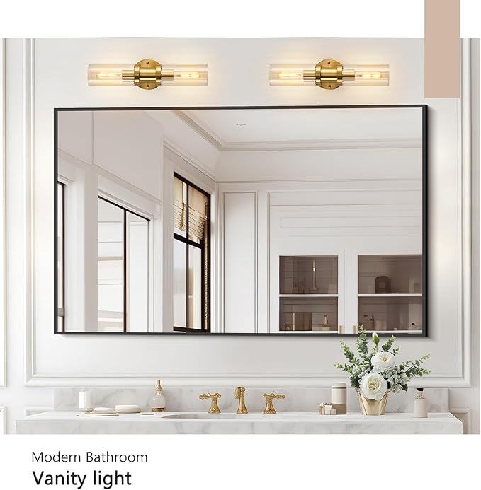 Gold Wall Sconces Set of Two, 18.2 inch Brushed Gold Vanity Light with Stripped Glass Shade, Indoor Wall Lights for Mirror, Bathroom, Kitchen, Living Room（2 Pack）