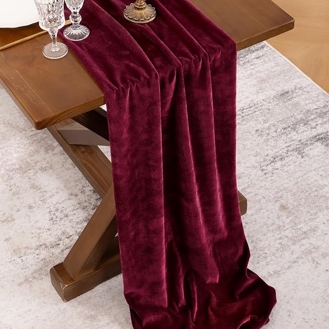 Socomi Burgundy Red Velvet Valentine's Day Table Runner Cloth Decor 20 x 120 Inches 10ft Fabric Luxurious Thanksgiving Wedding Runner for New Year Bridal Shower