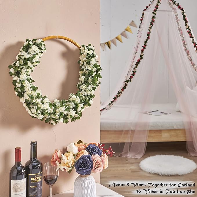 6 Pcs x 8.2 ft Flower Garland Artificial Rose Vine Flowers with Green Leaves Hanging Fake Roses Vine for Room Party Home Wedding Birthday Christmas Wall Arch Decor, Spring White Flower