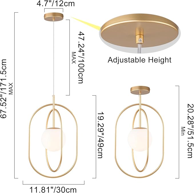 Gold Globe Pendant Lights, Mid Century Modern 1-Light Hanging Lihghting Fixture with Frosted Glass for Kitchen Island Dining Room Bedroom Entryway Hallway