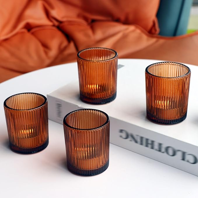 VOHO 24pcs Votive Candle Holders Bulk Wedding Centerpieces for Tables, Amber Tea Lights Candle Holder for Home/Fall Decor, Glass Ribbed Votive Candle Holder Gift Idea