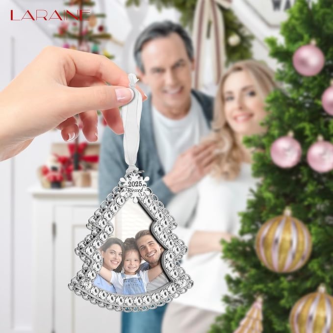 Laraine Christmas Tree Ornaments 3 Pieces – Decorative Hanging 2025 Rhinestones Pendant with Small Picture Frame Insert for Pet Holiday Keepsake Gift (Silver (2025))