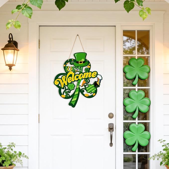 St Patricks Day Wreaths for Front Door - Hollow Wooden Shamrock Wreath, Irish Spring Hanging Welcome Door Sign, Saint Patricks Day Decorations for Holiday Outdoor Indoor Party Wall Home