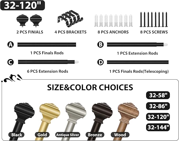 Black Curtain Poles for Windows 66 to 120 Inch(5.5 to 10ft), USFOOK 7/8 Inch Decorative Single Curtain Rod Set, Long Heavy Duty Drapery Rods 32 to 120, Square Finials
