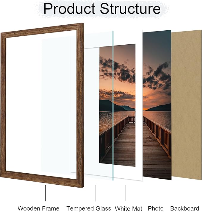24x36 Poster Frame Set of 2, 24 x 36 Wood Picture Frames with Mat for 20x30, Wooden Photo Frame with Tempered Glass Cover for Wall Mounting Display, Rustic Brown