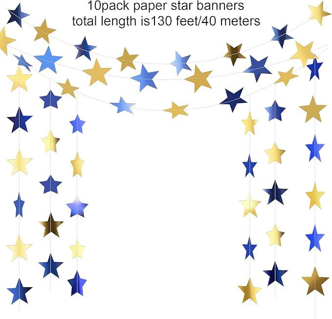 Patelai Glitter Star Garland Banner 2026 New Years Decor 130 Feet Star Hanging Banner Twinkle Backdrop for Birthday Classroom Wedding Christmas Party Supplies(Blue, Gold)