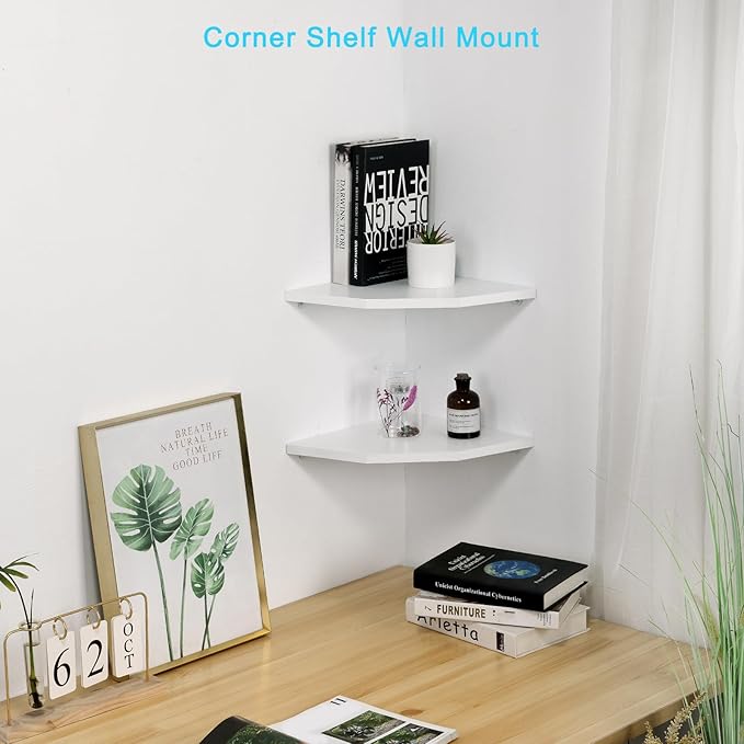 Joiishom Wood Corner Wall Shelves Set of 2, Solid Wood Corner Floating Shelves, Round End Wall Mounted Floating Corner Shelf for Bedroom, Living Room and Kitchen. (White-12 inch)