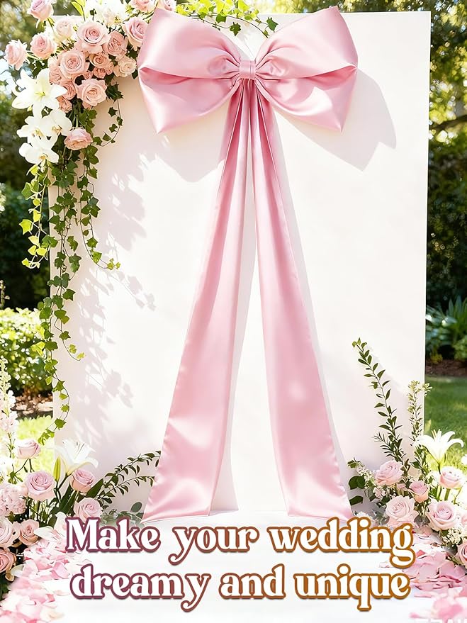 27" x 122" Giant Pink Bow for Coquette Birthday Decorations - Satin Bow with Long Streamers for Christmas Tree Topper Room Decor