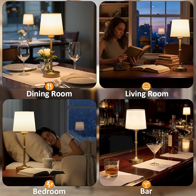 Beside Table Lamp Gold, 6000mAh Battery Powered Table Light, Wireless Nightstand Lamp for Bedroom/Living Room/Restaurant/Counter/Patio/Home Bar