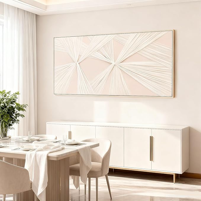 Artists' Handicraft, Large 3D Fabric Hand Painted Framed Abstract Wall Art, Minimalist Modern Luxury Artwork, Boho Modern Long Beige Wall Decor, Neutral Paintings for Living Room Bedroom Hallway Office, Horizontal, 54x27 In
