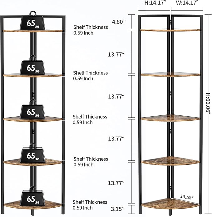 Rustic Tall Corner Shelf with Led Light, 5 Tier Modern Corner Bookshelf for Living Room, Dark Wood and Metal Corner Shelving Unit for Office, Bedroom, Kitchen (Rustic Brown)