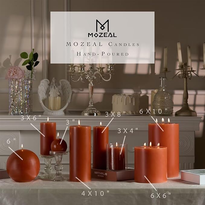 MOZEAL 3" x 6" Hand-Poured Unscented Candle, Dripless Pillar Candle Set of 3, Long Lasting Burning, Approx 120 Hours Burn Time, Rustic Country Style, for Autumn Gatherings, Fall Decor, Burnt Orange