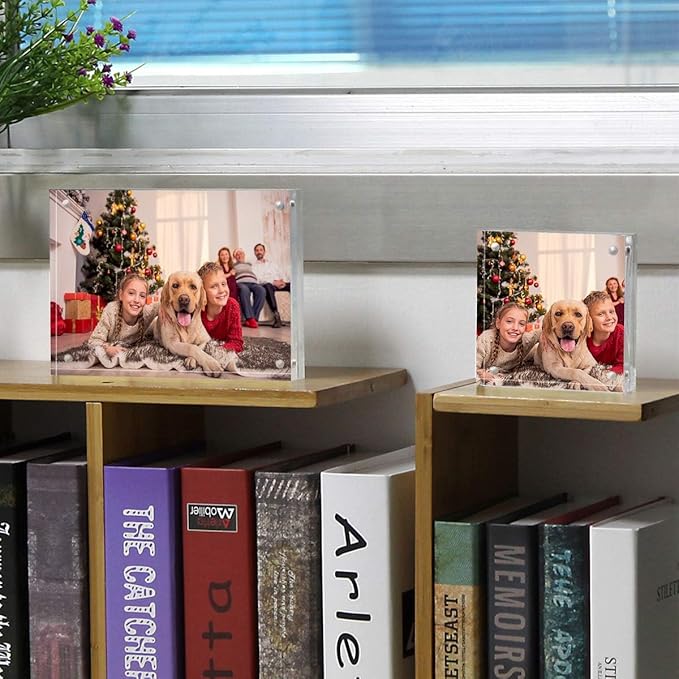 NIUBEE 4x4 Picture Frame, Acrylic Photo Frame 20% Thicker Block, Clear Frameless Acrylic Frames Double Sided，Magnetic frames for Desktop