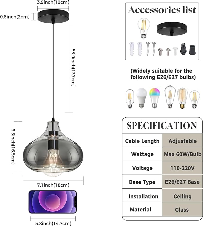 Mini Smoke Gray Glass Pendant Light, Suitable for Accent Lighting Over Cozy Spaces, Kitchen Nooks & Bedside, Includes 2 LED Bulbs & Adjustable Cord(7.1in, 3-Pack)