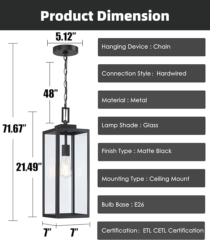 21.5 in Large Size Front Porch Pendant Light Fixture - Outdoor Hanging Light for Patio Entrance Porch Hanging Lantern Exterior Pendant Front Door, E26 Base