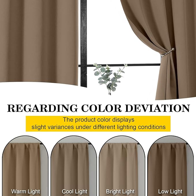 Brown Cafe Blackout Curtains 36 Inch Length 2 Panels Set, Soft Solid Thermal Insulated Room Darkening Small Window Curtains for Kitchen Bathroom Basement, Brown, Each, 40" Wx36 L