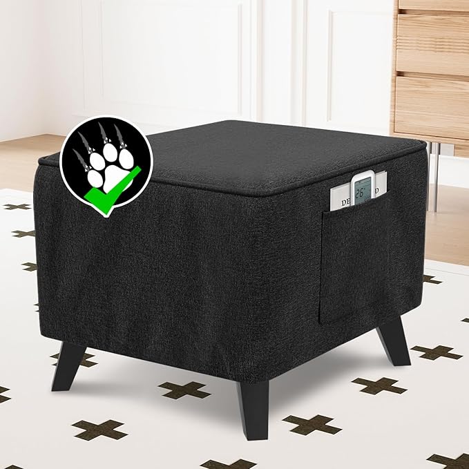 H.VERSAILTEX Square Ottoman Cover Fit Length 24"-25" Footrest Durable Linen Look Fabric Ottoman Slipcover Thick Soft Footrest Stool Covers for Square Ottoman Removable Washable - Heather Black