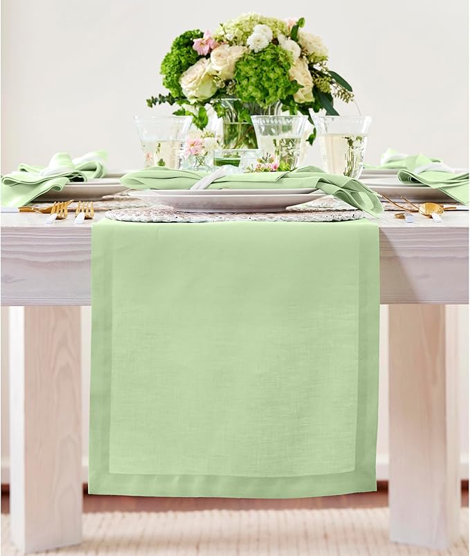 Solino Home Linen Table Runner 108 Inches Long - 100% Pure Linen Pastel Green Table Runner 14 x 108 Inch for Spring, St Patricks Day, Easter - Fete