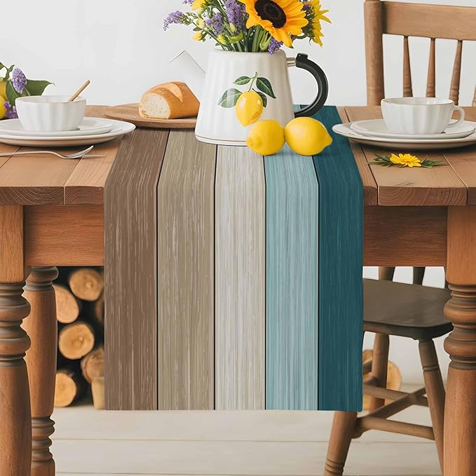 Teal Blue Brown Table Runner, Beach Cotton Linen Tablecloth Summer Holiday Farmhouse Table Decorations for Home,Kitchen,Dining Room,Indoor,Outdoor,18X72 Inches Long,Retro Rustic Barn Wood Texture