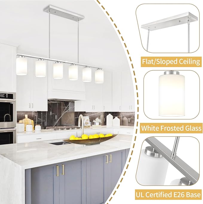 6-Light Kitchen Island Lighting, Brushed Nickel Dining Room Light Fixtures Over Table, Modern Farmhouse Chandeliers with Milky Glass Shade Pendant Light for Dining Room Kitchen Island