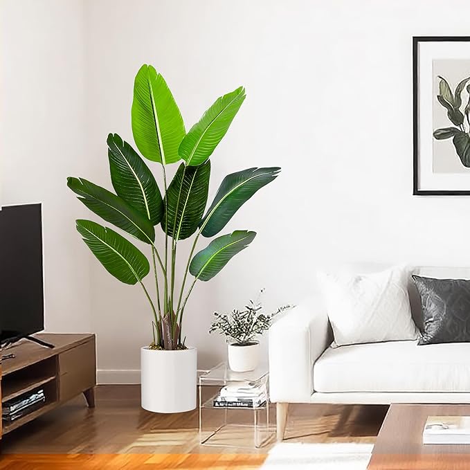 4 Ft Bird of Paradise Artificial Plant, Artificial Tree Faux Tropical Plant Palm Tree with Leaves Trunks Indoor Outdoor Faux Banana Leaf Tree for Home Decor Living Room Office