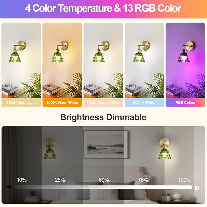 2 Pack Vintage Battery Operated Wall Sconces, Rose Green Lampshade & 180 Degree Adjustable, Wireless Rechargeable RGB Wall Light with Remote Control, for Bedroom Living Room Hallway Aisle
