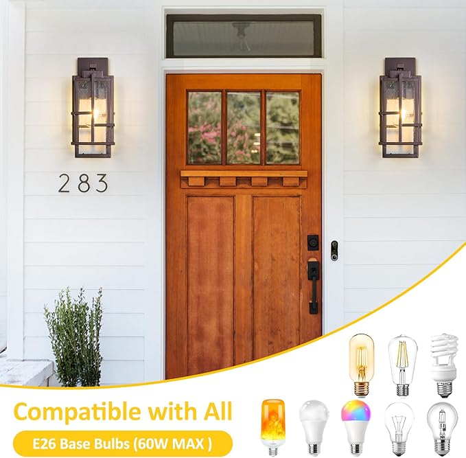 Outdoor Wall Light Fixture with Seeded Tempered Glass, Waterproof Outside Wall Coach Lantern with E26 Sockets, Brown Large Porch Sconces Lamp for House, Patio, Garage
