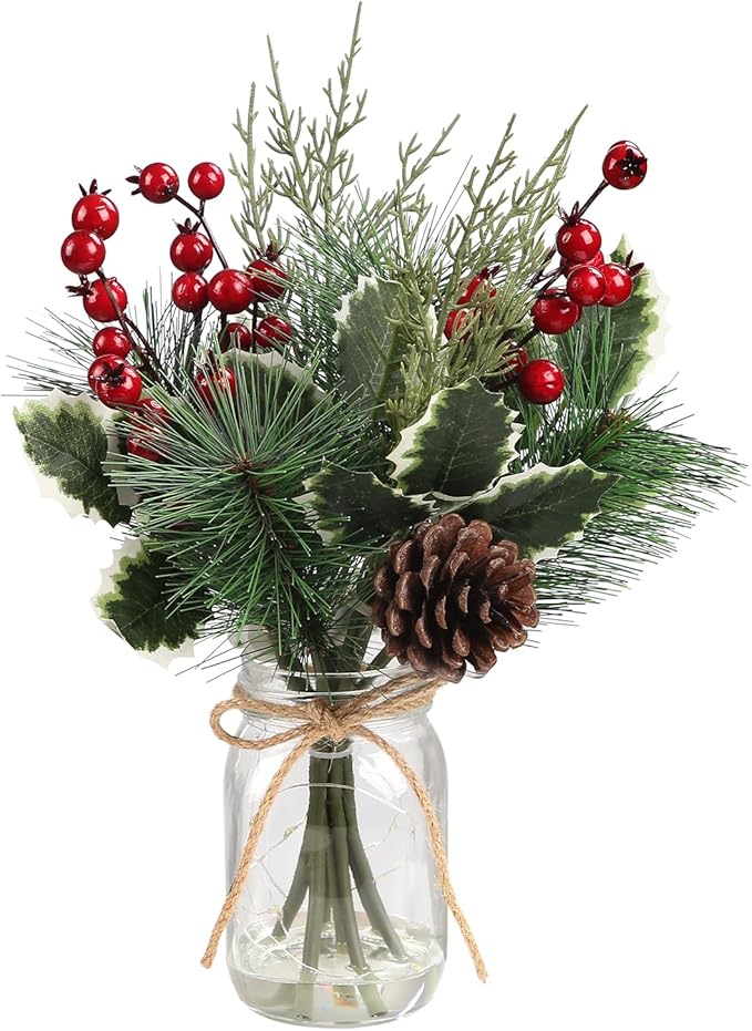 Christmas Artificial Flowers with Vase, Small Christmas Decorations with Pine Branches Red Berry Stems, Greenery Decorations Pines Stem with Cones Holly Berry Leaves for Xmas Home Holiday Season Decor