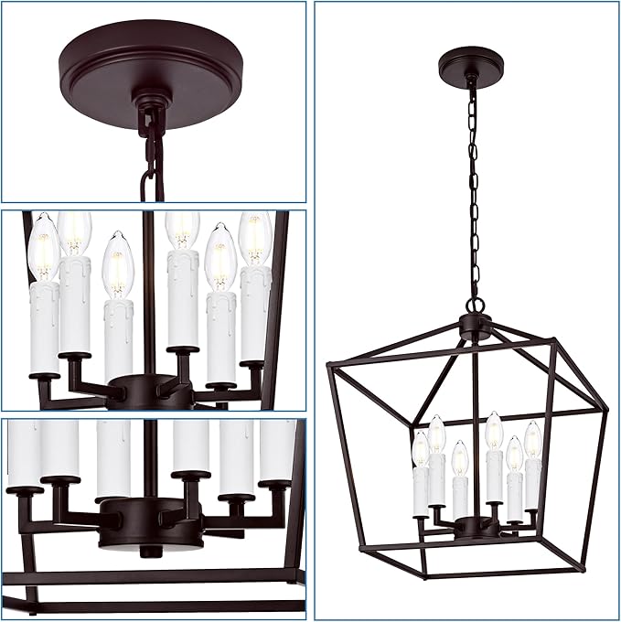 MELUCEE Vintage Lantern Pendant Light 6 Light Industrial Cage Chandelier with E12 White Candle-shaped Base Oil Rubbed Bronze Rustic Geometric Hanging Light Fixture for Kitchen Island Foyer Dining Room
