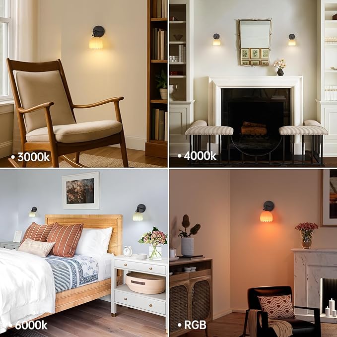 Vintage 5000 mAh Battery Operated Wall Sconce with Pastel Yellow Tulip Glass Lampshade Rechargeable Battery Powered Wall Light with Remote Control for Bedroom Doorway, Set of 2