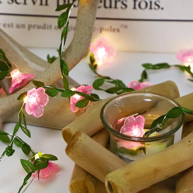Cherry Blossom Decor Flower String Lights Vines with Fairy Lights Christmas, 30 LED Copper with Remote Control Battery Operated Pink Flower Garland Leaf for Locker, Wall,Christmas Decorations-2 Pack
